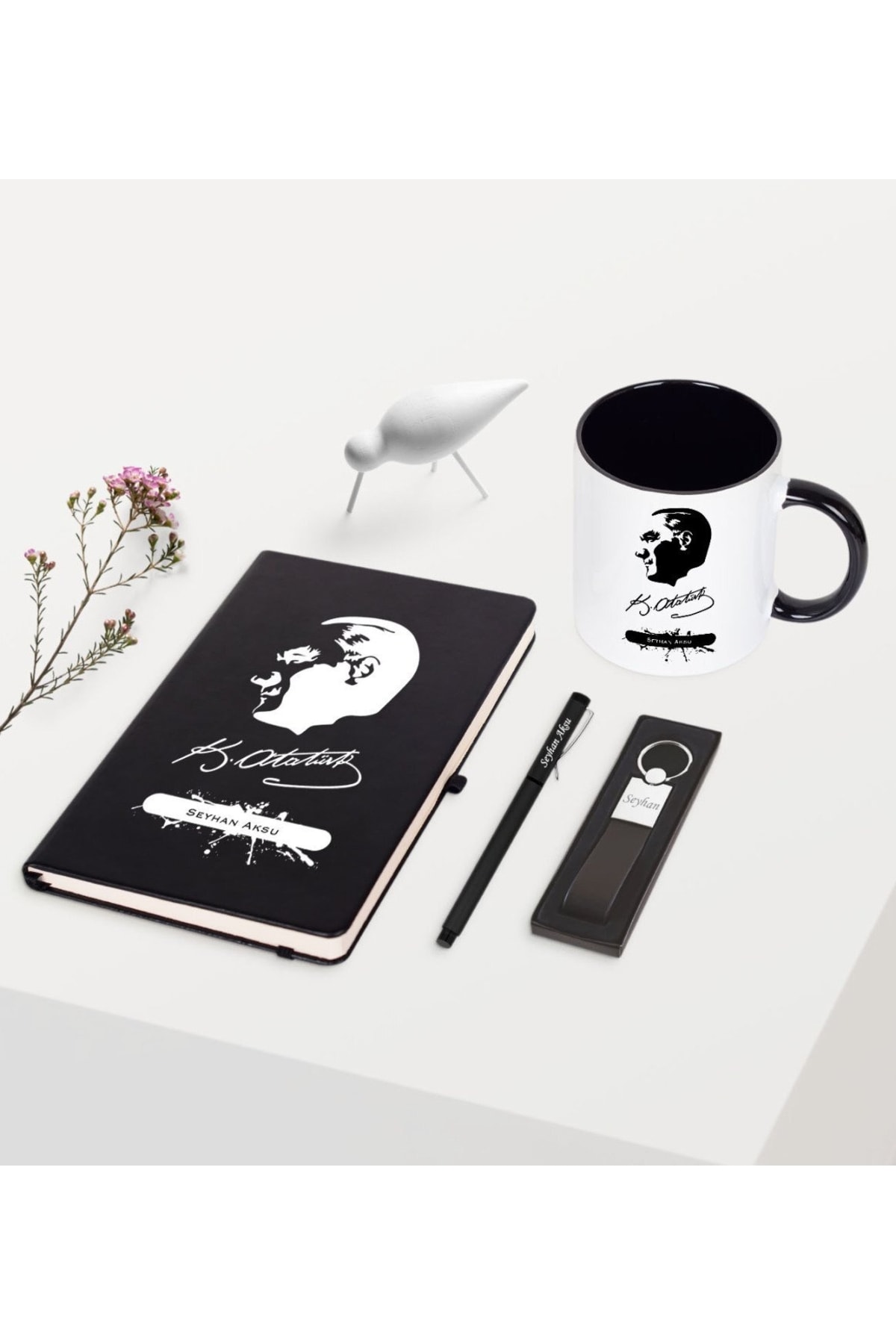 Bk Gift Kişiye Özel Atatürk Temalı Siyah Defter Kalem Anahtarlık Kupa Seti - 4