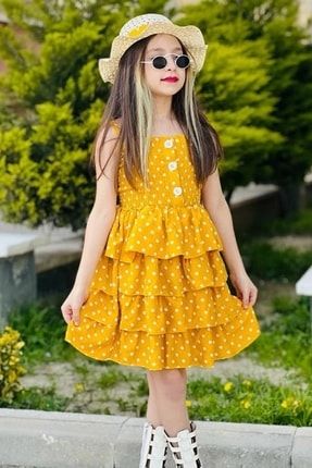 Kız Çocuk Sarı Puantiyeli Şapkalı Kat Kat Elbise PRA-6052552-657609