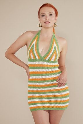 Kadın Çizgili Çok Renkli Triko Elbise Plaj Giyim 2101IFABOBQ07