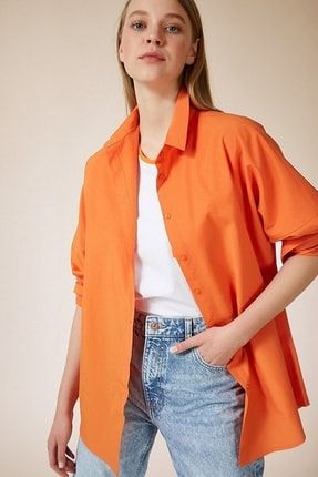 Kadın Oranj Oversize Uzun Basic Gömlek GM5000