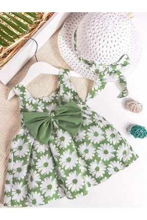Neşeli Bebeklerimiz Çiçek Baskılı Sırt Fiyonk Detaylı Şapkalı Elbise Yeşil 2631899