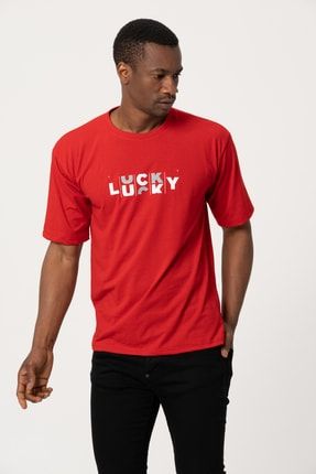 Kırmızı Lucky Baskılı Oversize Tshirt lucky9