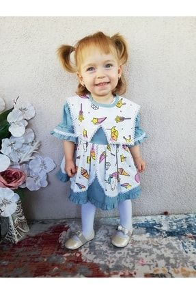 Bahriye Yaka Unicorn Desenli Özel Tasarım Mavi Kız Çocuk Bebek Elbise BERTUGB0004
