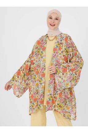 Doğal Kumaşlı Çiçek Desenli Kimono - Orange - Casual 8164665