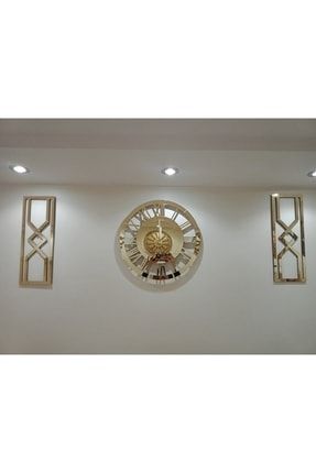 Modern Dekoratif Gold Aynalı Plexiglass Duvar Saati, 2 Adet Kum Saati Tasarım Tablo 3 Parça Set Eyktkum01