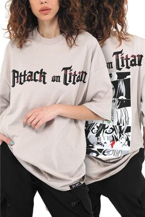 Attack On Titan Bej Kadın Oversize Bisiklet Yaka Baskılı T-shirt ART-006K
