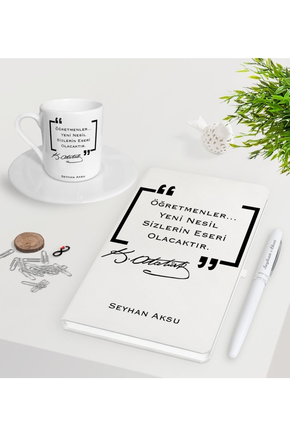 Bk Gift Kişiye Özel Atatürk Öğretmen Beyaz Defter Kalem Türk Kahvesi Fincanı Seti-1