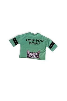 Kız Çocuk Kısa Model Crop Kedi Baskılı T-shirt TYC00449082989