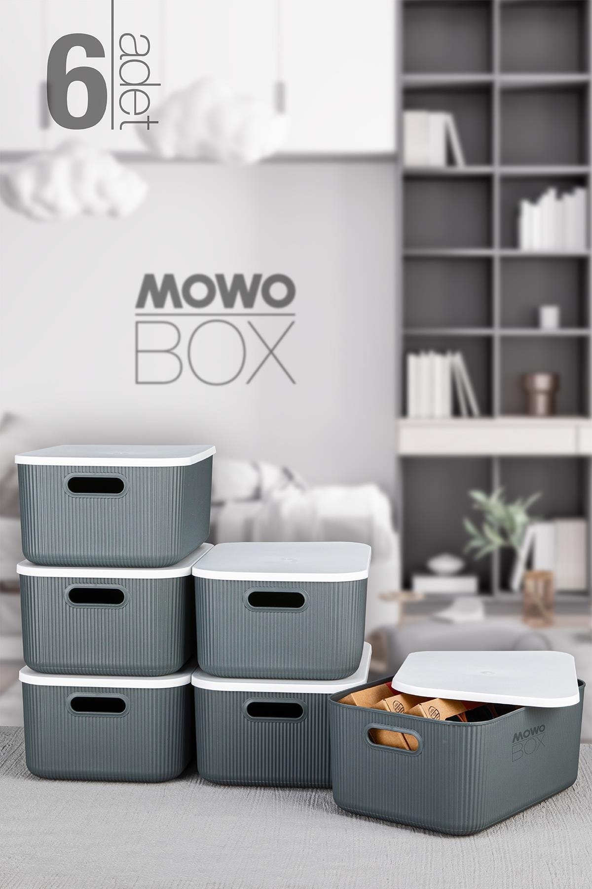 Mowo Home Trove 6 Adet 13,4 Lt (gri) Düzenleyici Kapaklı Kutu, Dekoratif Saklama Kutusu