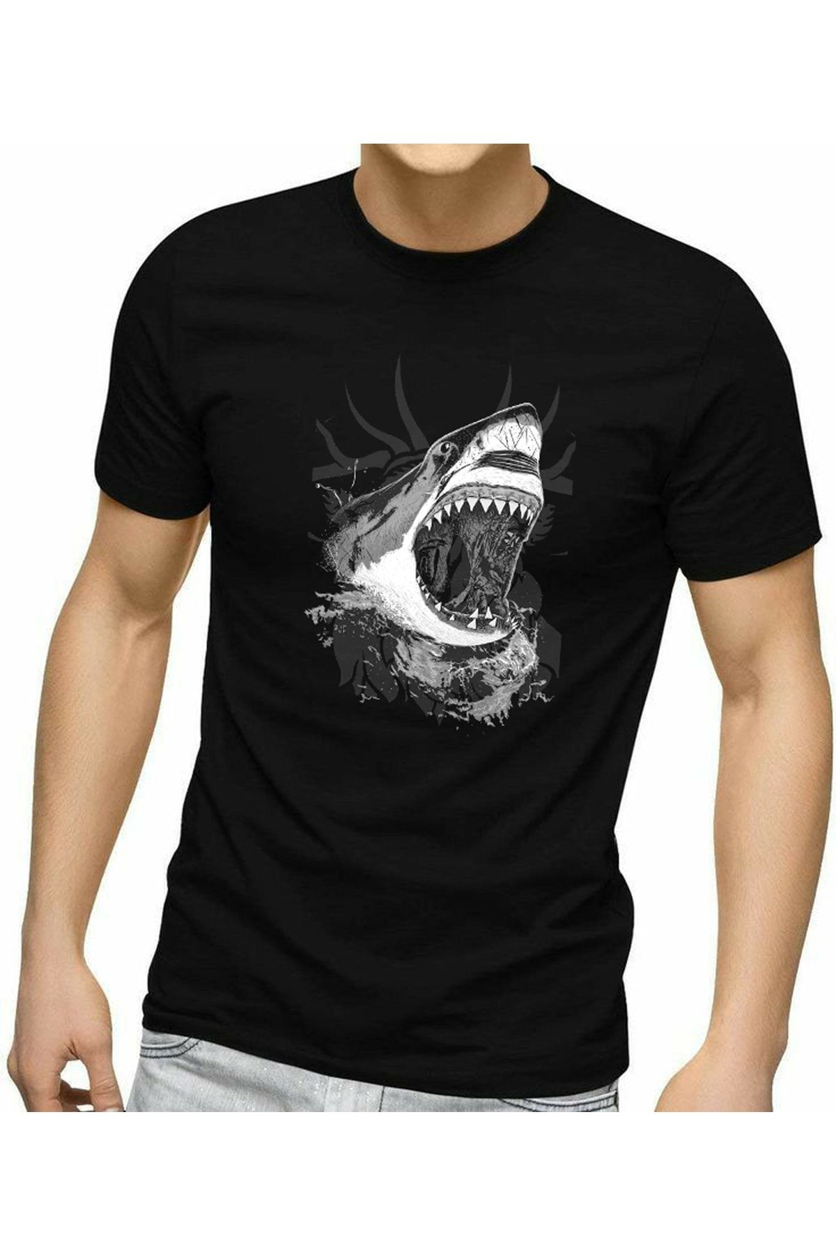Raf Coll-Unisex Black Crew Neck Slim Fit T-shirt Shark Digital Printed Organic Cotton 1