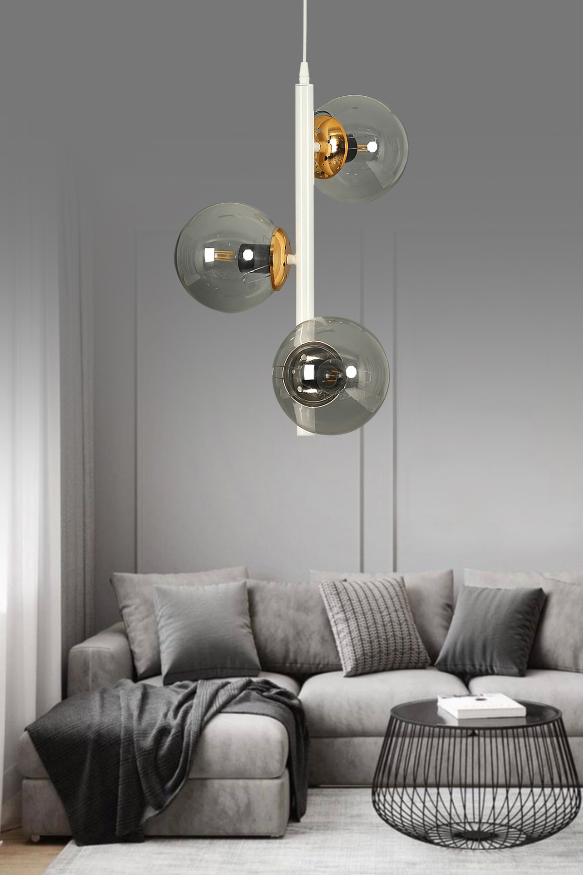 Modern White 3-Piece Smoked Globe Glass Chandelier