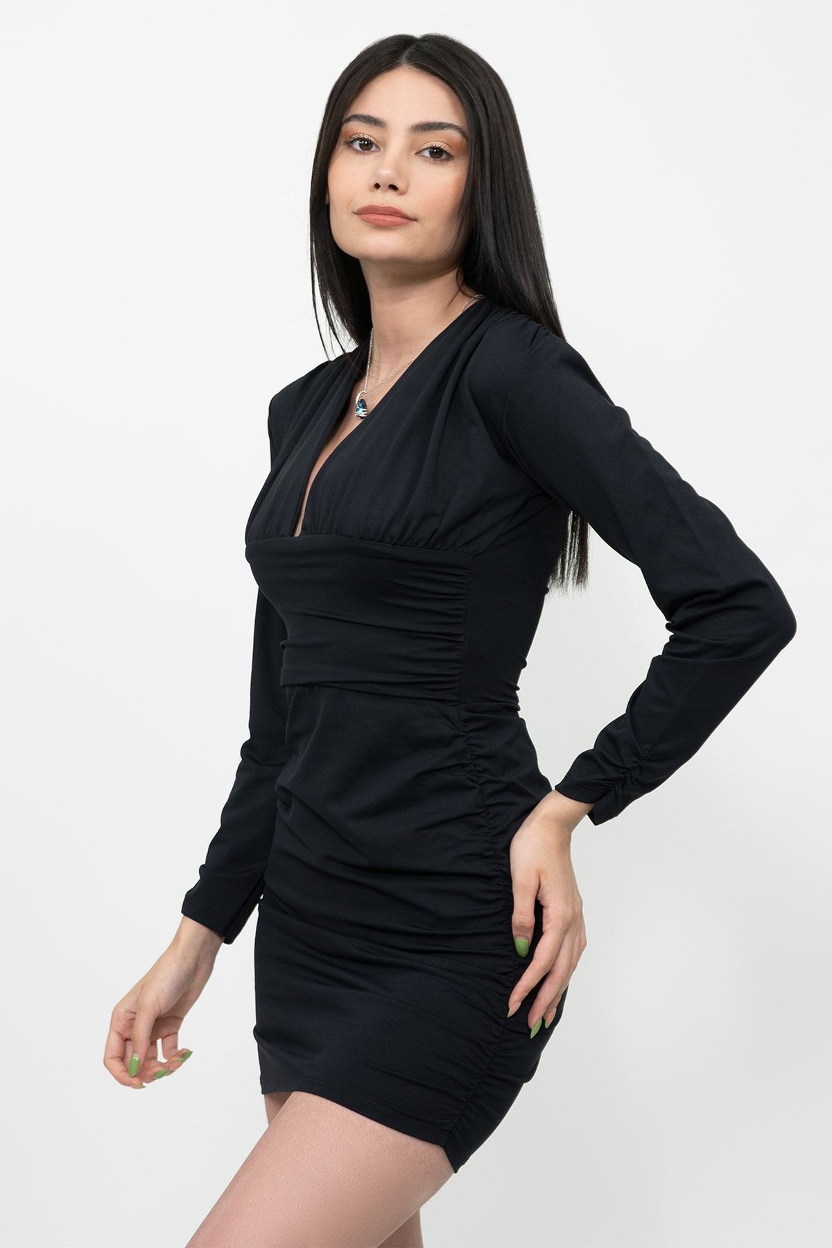 Soyo Women s Black Gathered Deep V Neck Jersey Mini Dress Trendyol