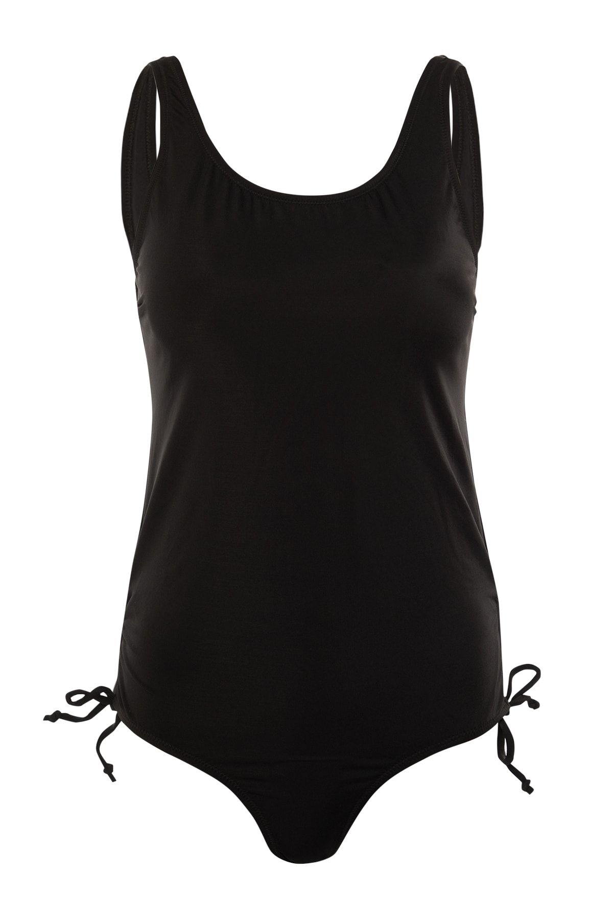 Trendyol Curve-Black Deep V-Neck Strap Throw Covered Drawstring Plus Size Swimsuit Tbbss22Ma0306 7