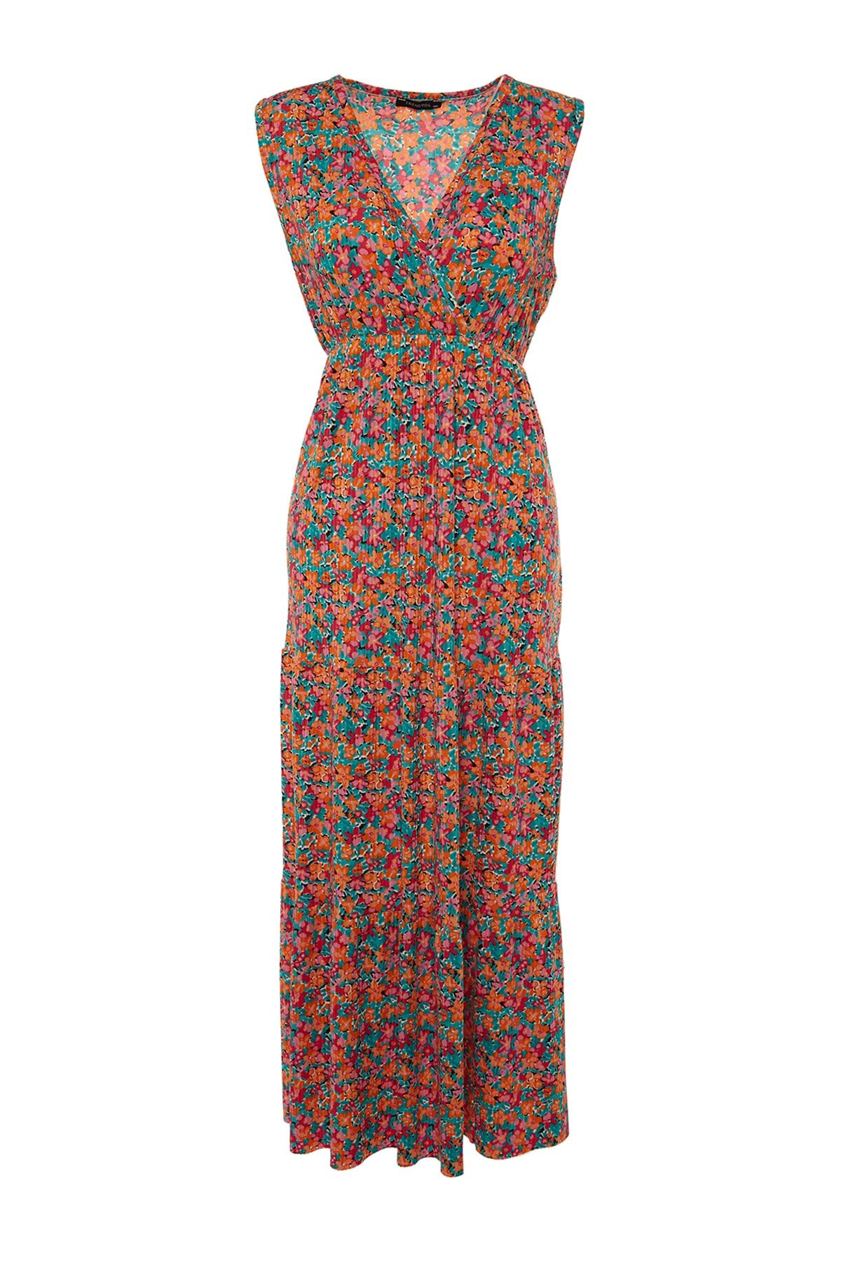 Trendyol Curve-Multicolor A-Line Floral Print V-Neck Knitted Plus Size Dress Tbbss22Ah00010 8