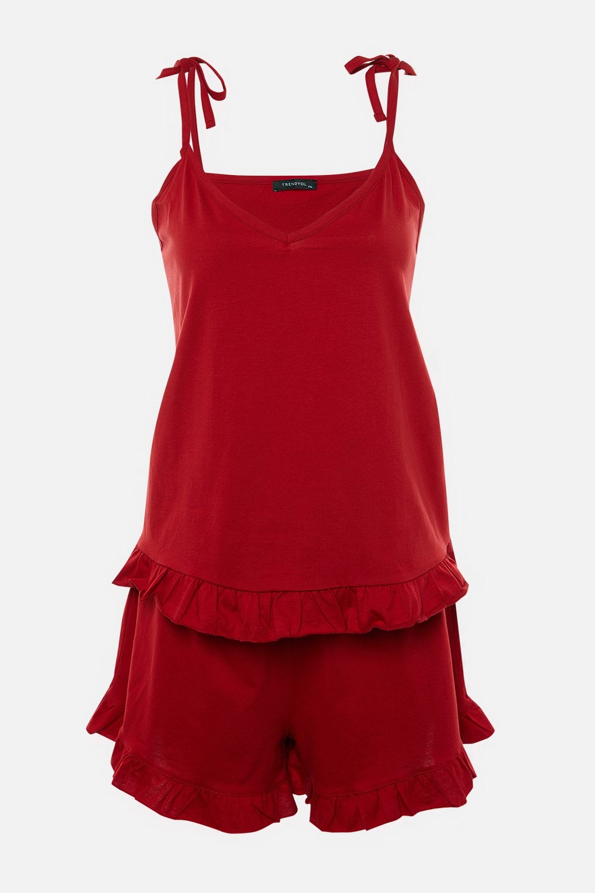 Trendyol Curve-Rotes Pyjama-Set mit gestrickten Rüschen und detailliertem Riemen TBSSS22PT0564 8