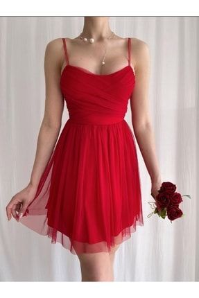 Kırmızı Ince Askılı Kabarık Etekli Tüllü Elbise AFŞ-KRKBI