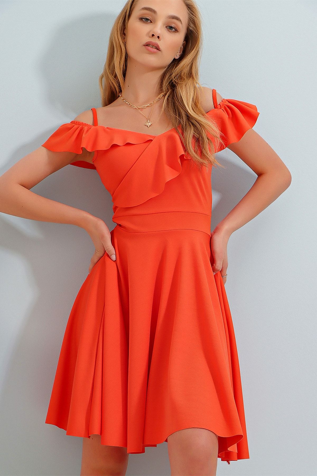 Trend Alaçatı Stili Kleid Orange A-Linie Fast ausverkauft