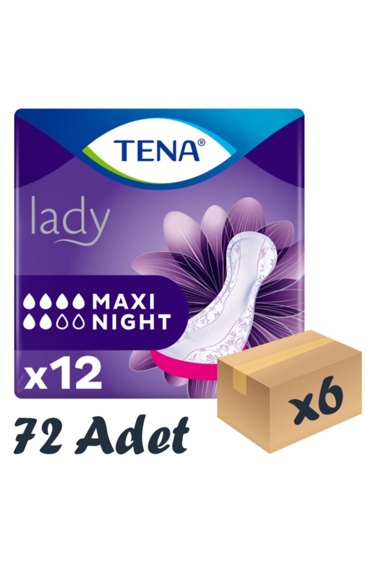 TENA Lady Maxi Night, Kadın Gece Mesane Pedi, 6 Damla, 12'li 6 Paket 72 Adet