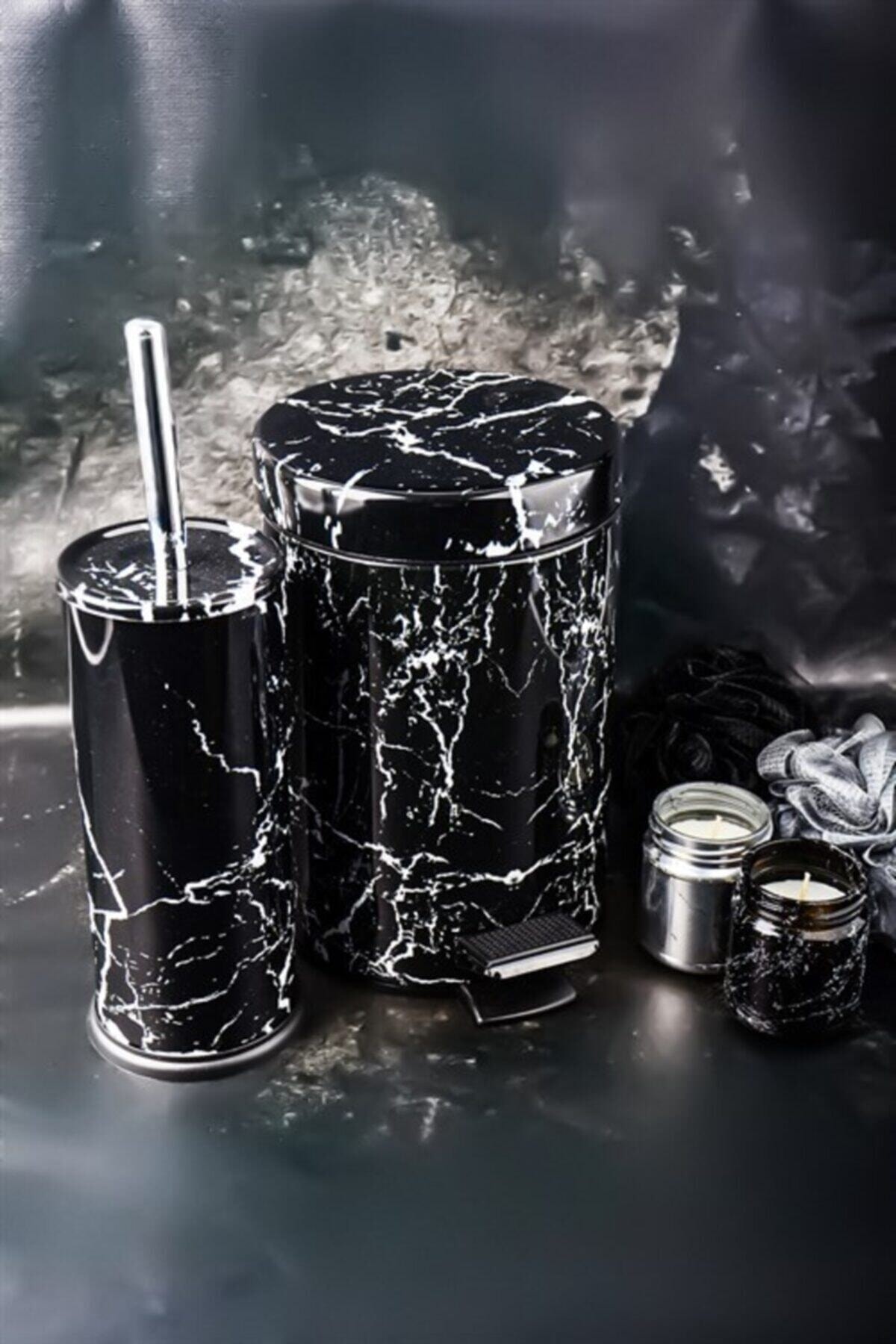 Lalezar By Unal Mermer Desenli Metal Siyah Ikili Banyo Seti Çöp Kovası Ve Tuvalet Fırçası