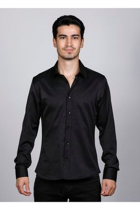 Erkek Gömlek Kolay Ütülenebilir Slim Fit Siyah Renk Klasik Giyim 22128 SLV-22128