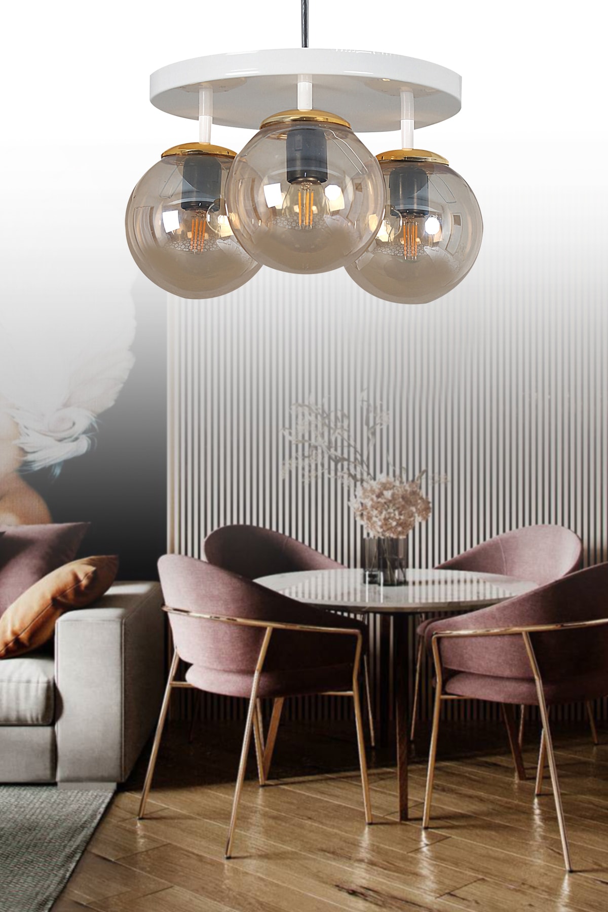 Tray White 3-Piece Honey Globe Glass Chandelier