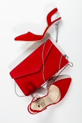 Kadın Kırmızı Süet Stiletto Çanta Kombin- Topuk 10cm Stiletto- Zarf Abiye Çanta Takımı SF-KOMBİN-0002
