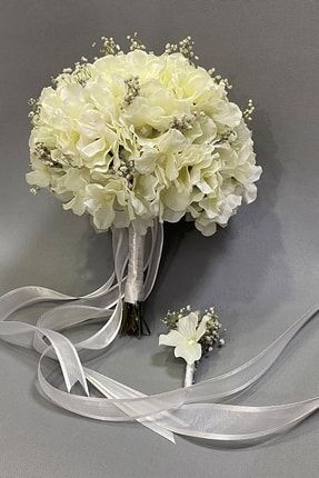 Yapay Beyaz Ortancalı Gelin Buketi Damat Yaka Çiçeği GLNBN-0908