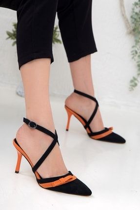 Kadın Turuncu - Siyah İnce Topuklu Yeni Tarz Stiletto Gece Ayakkabısı - Topuk 8.5 cm SF-SİT-0007