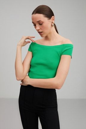 ELANAOR Kadın / Kız Yeşil Düz Renk Triko Omuzu Açık Bluz ELANAOR21042022