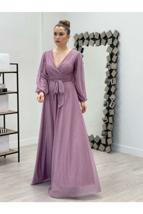 Simli Tül Kumaş Kuşaklı Kiloş Elbise - Pudra GYM-39427
