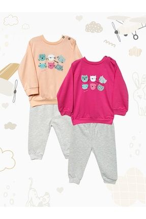 Kız Bebek Kıyafetleri Mevsimlik 4 Parça 2li Esofman Takimi Organik %100 Bloomberg Pamuklu BW-CATFACES-PEMBE-KREM