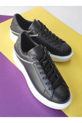 Siyah - Kadın Hakiki Deri Taşlı Sneaker OF000507