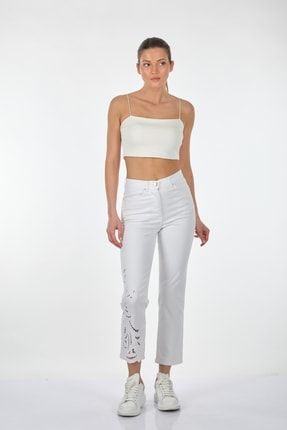 Nakışlı Boru Paça Yüksel Bel Beyaz Kadın Pantolon 221Y525