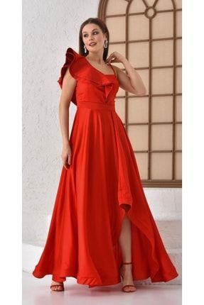 Kadın Kırmızı Asimetrik Askılı Omuz Detalı Yırtmaçlı Saten Elbise Abiye Satnabye01
