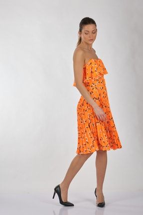 Çiçekli Straplez Oranj Kadın Elbise 22154762