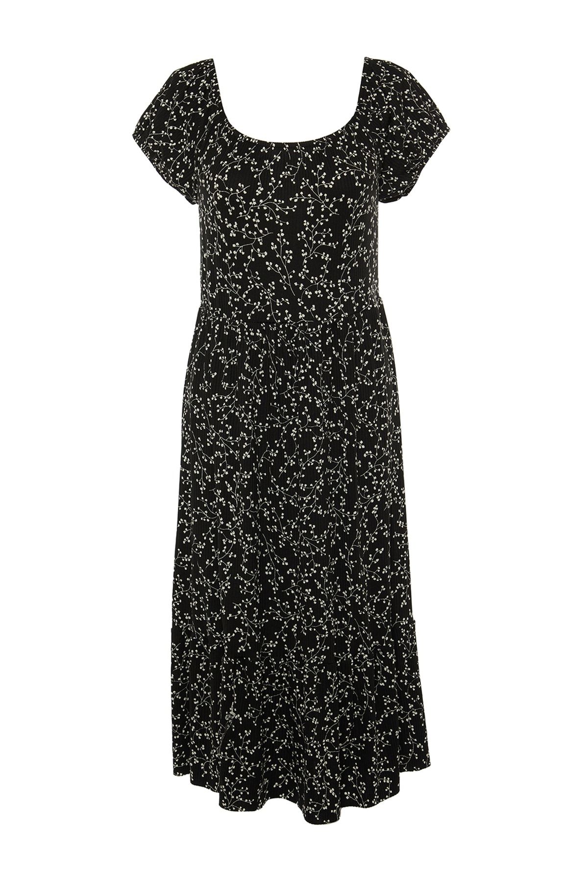 Trendyol Curve-Чорна сукня з квітковим візерунком Aline довжиною максі Orme Plus Size TBBSS22AH00009 8