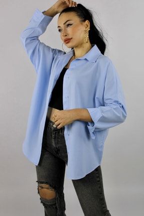 Kadın Gök Mavi Oversize Uzun Basic Gömlek BOELL-ESF78