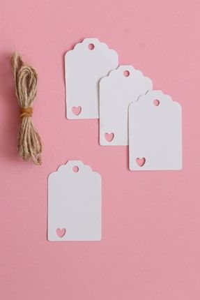 Mini Kalp Detaylı Beyaz Delikli Not Kartı , Jut Ipli Ürün Kartı, Etiket 20 Adet a0366