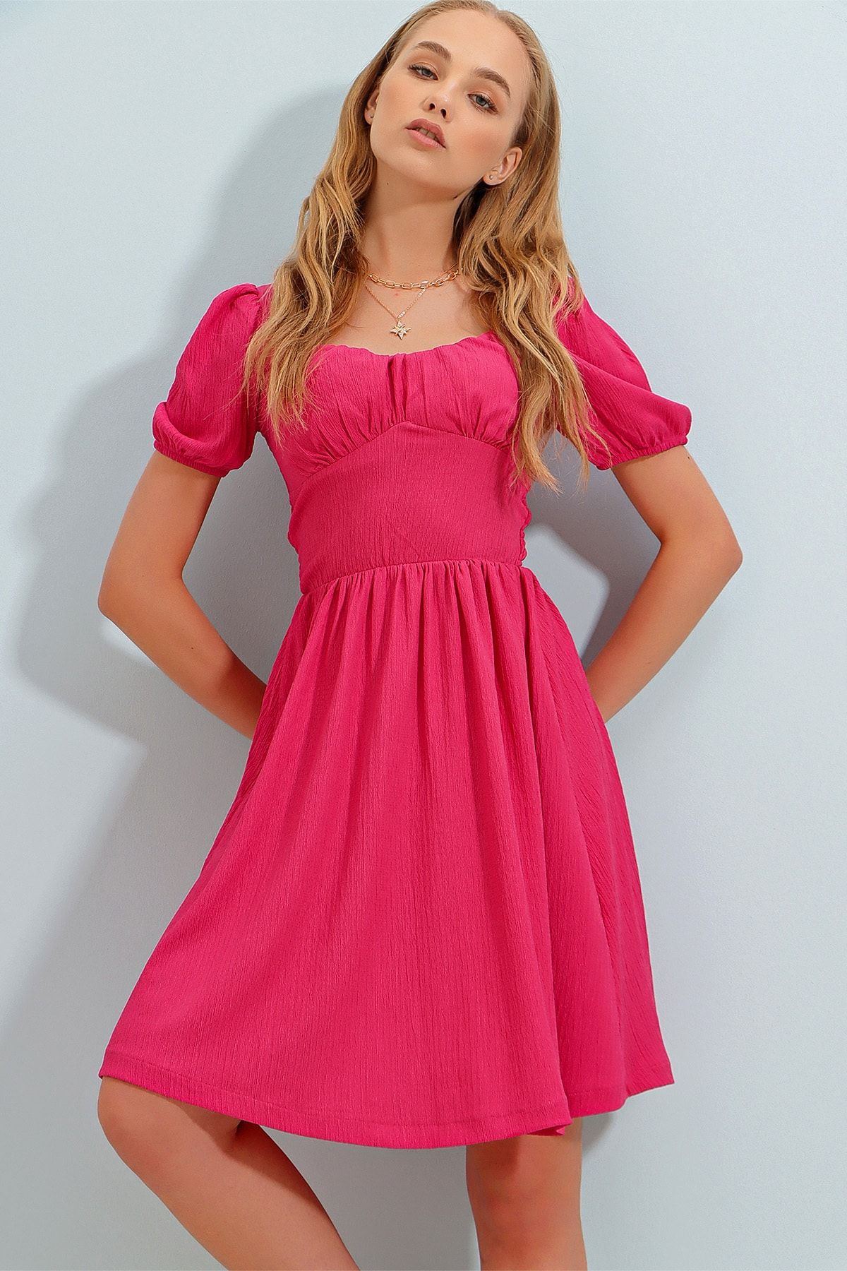 Trend Alaçatı Stili Kleid Rosa A-Linie Fast ausverkauft