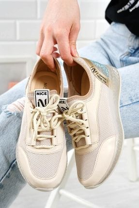 Kadın Bej Nerec File Triko ve Taş Detaylı Sneaker LVT-25139