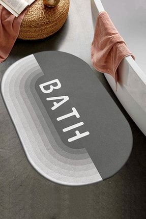 Gri Beyaz Bath Desenli Duş Önü Banyo Halısı Paspas Klozet Tek Parça Oval 60x100cm ossohalioval