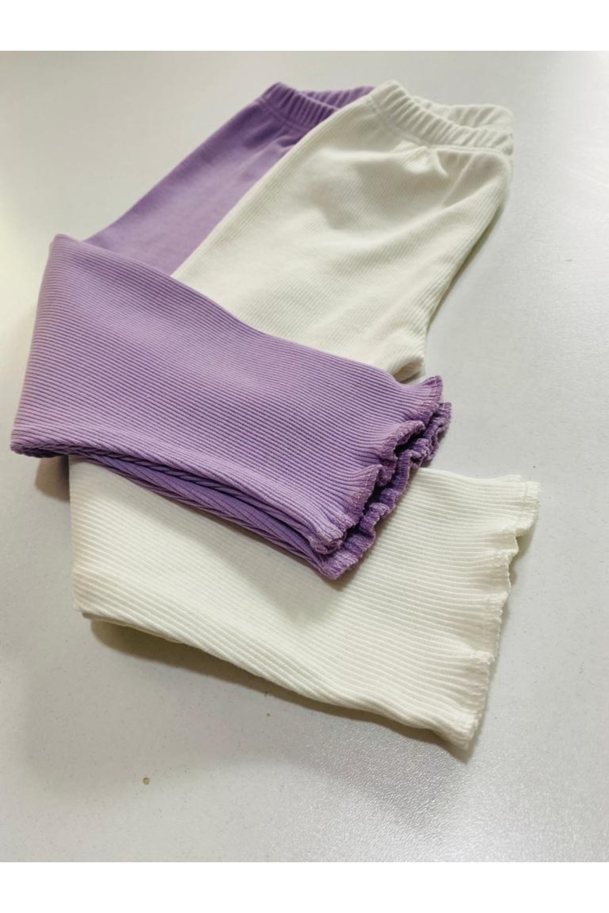 Ary Esnek Fitilli Lila - Beyaz 2li Kız Erkek Çocuk Tayt fotoğrafı 3 (önizleme)