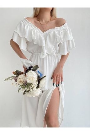 Kadın Beyaz Fırfırlı Uzun Elbise 0999-11362