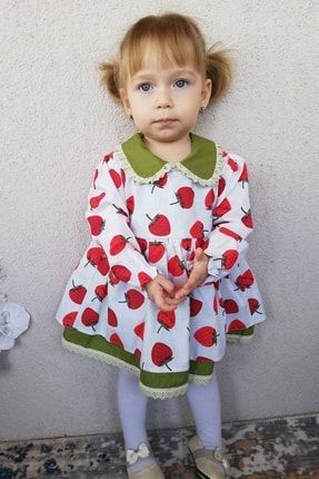 Bebe Yaka Çilek Desenli Dantel Detaylı Kız Çocuk Bebek Elbise 785362