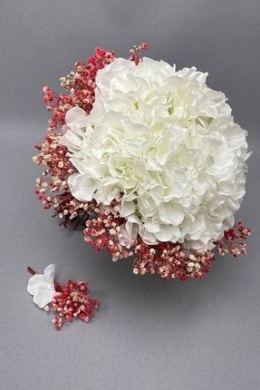 Yapay Beyaz Ortancalı Pudra -kırmızı Cipsolu Gelin Buketi Ve Damat Çiçeği GLNBN-0909