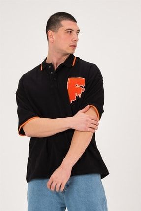 F Nakışlı Siyah Polo Yaka Oversize Tshirt 22-041