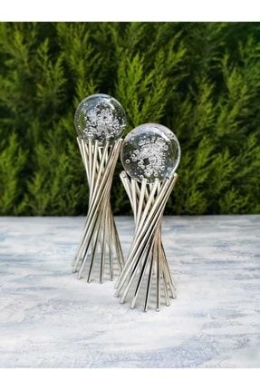Dekoratif 2'li Gümüş Burgulu Metal Çapraz Ayak, Alem Kabarcık Camlı Küre Owwo-Kabarcık