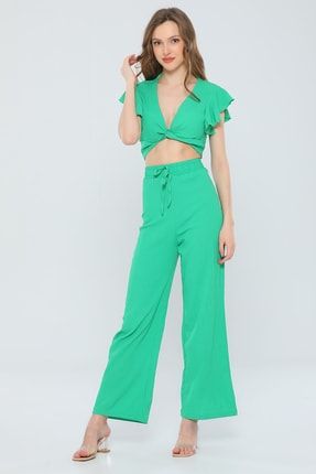 Yeşil Kadın Yaka Dekolteli Crop Bluz Yüksek Bel Bol Paça Pantolon Ikili Takım P-039269