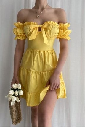 Poplin Kumaş Çan Kesim Bağcık Detaylı Straplez Kısa Kollu Sarı Mini Abiye Elbise 043 4S1B-SD-043