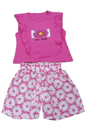 Kız Çocuk Papatya Desenli Crop Tişört Şortlu Takım IRM1540C